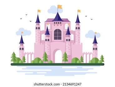 Castle with Majestic Palace Architecture and Fairytale Like Forest Scenery in Cartoon Flat Style Illustration