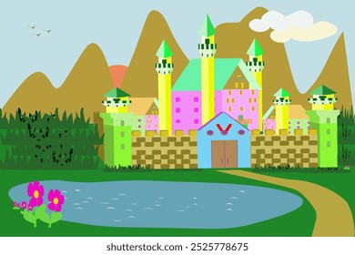 A  castle with many towers is located at foot of mountain and has a lake in front
