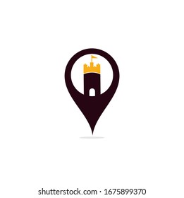 Castle map pin shape concept vector logo design. Castle Tower logo Template Vector.	
