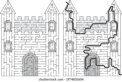 Castle maze for kids with a solution in black and white