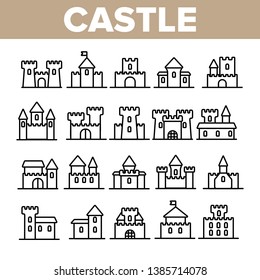 Castle, Medieval Buildings Linear Vector Icons Set. Castle, Palace Facade Symbols Pack. Exterior Simple Pictograms Collection. Isolated Fortress Signs. Royal Mansion And Towers Outline Illustrations