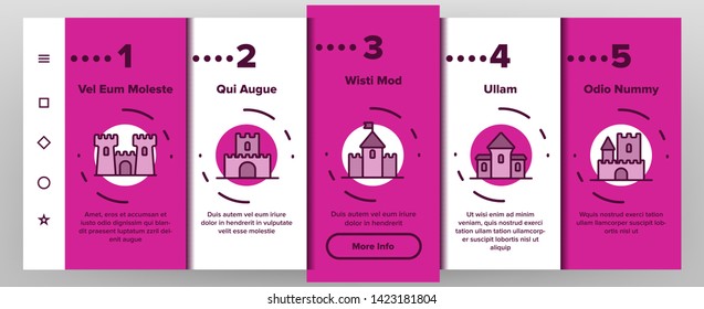 Castle, Medieval Buildings Vector Onboarding Mobile App Page Screen. Castle, Palace Facade. Exterior Simple. Isolated Fortress Signs. Royal Mansion And Towers Illustrations