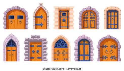 Castle medieval doors. Cartoon ancient fortress wooden gates, medieval kingdom castles gate vector illustration set. Medieval tower arch doors. Stone arch with metal hinges for entry