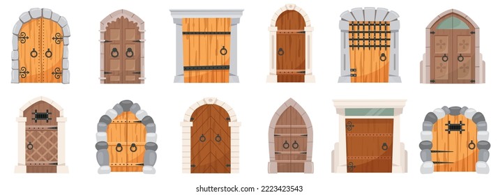 Castle medieval doors. Cartoon ancient fortress wooden gates, medieval kingdom castles set. Medieval tower arch doors. Stone arch with metal hinges for entry. Vector illustration