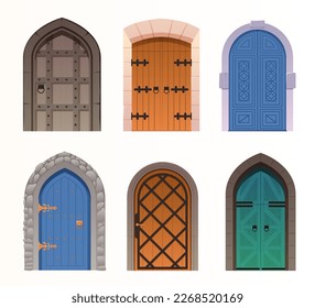 Castle medieval doors. Cartoon ancient fortress wooden gates, door with wrought iron elements. Wooden doors, gates.