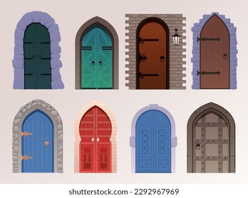 Castle medieval doors. Cartoon ancient fortress wooden gates, door with wrought iron elements. Wooden doors, gates.