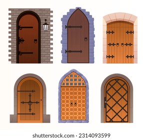 Puerta medieval del castillo. Caricatura de antiguas compuertas de madera de la fortaleza, puerta con elementos de hierro forjado. Puertas de madera, puertas.