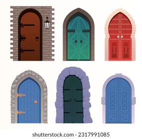 Castle medieval doors. Cartoon ancient fortress wooden gates, door with wrought iron elements. Wooden doors, gates.