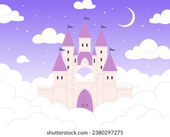 Castle medieval fairy tale dream. Princess house in clouds at night, sleep dreaming scene. Magic architecture with towers and flags, racy vector illustration