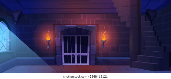 Castle medieval prison with stone wall. Game dungeon room with door and window empty dark interior. Night ancient indoor jail in palace with gate in fortress tower. 2d rock kingdom building scene