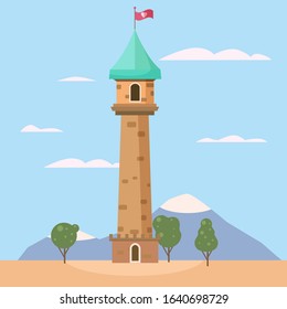 Castle medieval romantic tower. Medieval ancient fortress on landscape. Isolated cartoon style vector