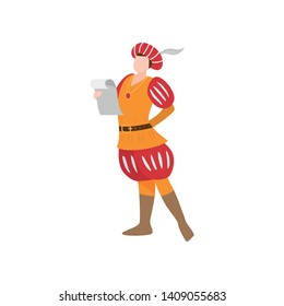 Castle medieval royal writer man in red colorful hat