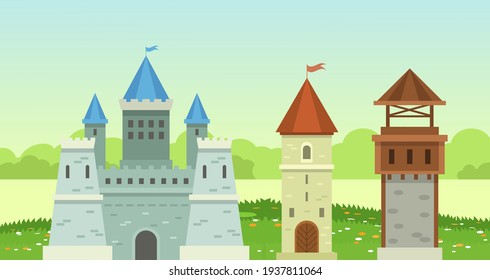 Castle medieval tower. The fairytale medieval tower,princess castle, fortified palace with gates, medieval buildings, historical towered house cartoon on background of beautiful nature vector