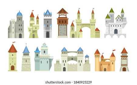 Castle medieval tower set. The fairytale medieval tower, facade mansion princess castle, fortified palace with gates, fabulous king citadel, medieval buildings, historical towered house cartoon vector