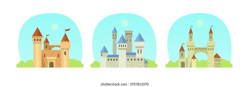 Castle medieval tower set. The fairytale medieval tower, facade mansion princess castle, fortified palace with gates, fabulous king citadel, medieval buildings, historical towered house cartoon vector