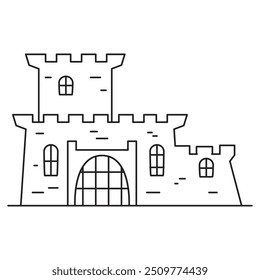 The castle is medieval with towers. Sand castle.Outline vector illustration.Isolated on white background.