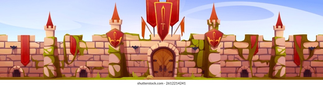 Castle medieval wall fortress made of stone blocks, fantasy kingdom fortification building exterior. Red spire on towers, closed wooden gate, heraldic flags decoration for rpg game background.