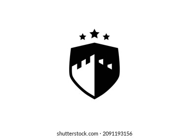 Castle Minimal Symbol Design. Vector Logo Template. A kingdom shield of a vintage medieval and classic castle fortress with three stars on the top. A royal and superior real estate house crest emblem 
