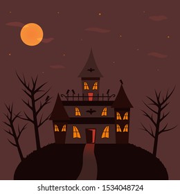 Castle of monsters. Black crows, bats. Happy Halloween vector flat Illustration. Light in the window, full moon, trees. Purple background
