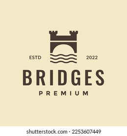 castle monument kingdom bridge water rivers hipster vintage logo design, vector icon illustration template