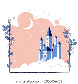 Castle in the moonlight in the clouds. Vector illustration for children fairy tales book.