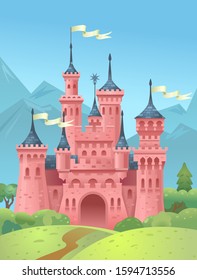 Castle in the mountains. King's house in the mountains. Princess tower. Vector illustration