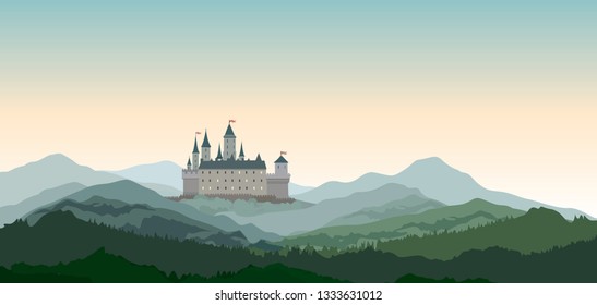 Castle Mountains Landscape. Travel Rural nature european background. Castle building on the hill skyline.