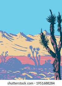 Castle Mountains Range and Joshua Tree in Mojave Desert Within Castle Mountains National Monument Located in California WPA Poster Art