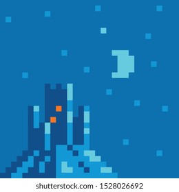 Castle and night landscape pixel art vector illustration, design for logo, sticker, mobile app. Game assets 8-bit sprite.