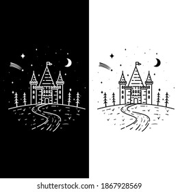Castle at Night Line Art Vector Illustration Logo Design