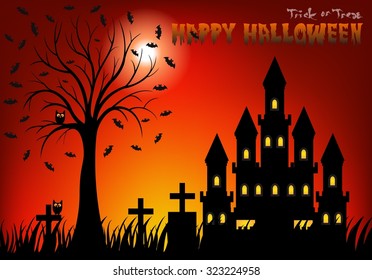 Castle at night with tree, cemetery, bat and moon light vector illustration