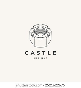 Castle nut linear outline logo. Slotted round lock hexagon head crown nut icon vector illustration