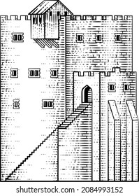 A castle old medieval building drawing or map design element in a vintage engraved woodcut style