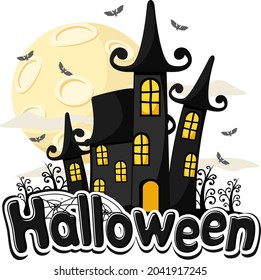 Castle on the background of the moon and bats. Halloween party