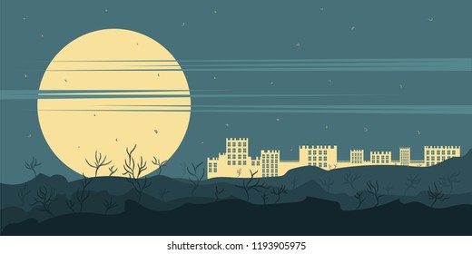Castle on the background of the moon in the mountains. Halloween Vector Illustration.
