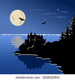 Castle on a cliff by the sea. Bats in the night sky.Vector illustration.