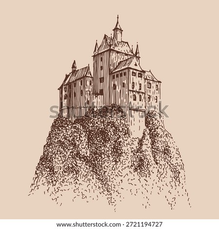 Castle on cliff. Hand drawn vector illustration.