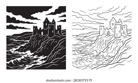 castle on cliff overlooking turbulent sea under stormy sky