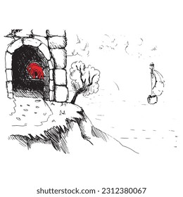 Castle on a cliff with the sea and a sailing ship on the horizon. Landscape with black lines. Vector illustration