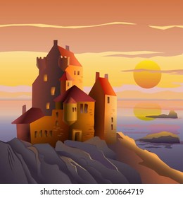 Castle on the coast at sunset vector illustration