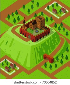 Castle On A Countryside Hill. Detailed Isometric Series