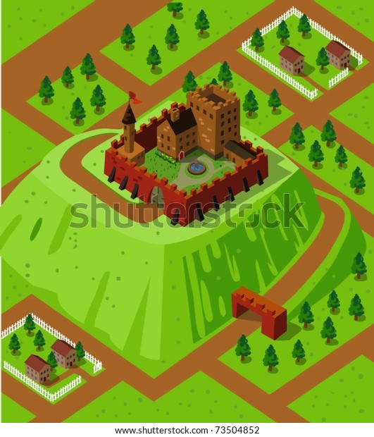 Castle\
on a countryside hill. Detailed isometric\
series