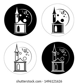Castle on Halloween icon. Silhouette of a building with full moon. Landscape with a Spooky Haunted Tower. Black and white button for web and mobile app in flat style. Day, night with creepy castle