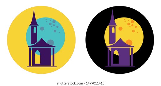 Castle on Halloween icon. Silhouette of a Drakula building with full moon. Landscape with a Spooky Haunted Tower. Colorful button for web and mobile app in flat style. Day, night with creepy castle