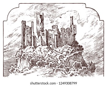 Castle on a hill. Ancient Landscape for the label. Engraved Hand drawn sketch in vintage victorian style. Travel to Europe to the historic building. Fairy Tale Fortress or palace, mansion house.