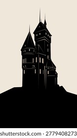 A castle on a hill. A black and white flat-style vector illustration in the style of an engraving, perfect for vintage, medieval illustrations.