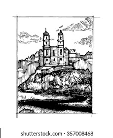 castle on a hill by the river.Medieval engraving which depicts a castle and river.