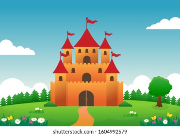 Castle on the hill cartoon illustration with cute design. Fantasy background for kids with castle, bright sky, clouds and green meadow