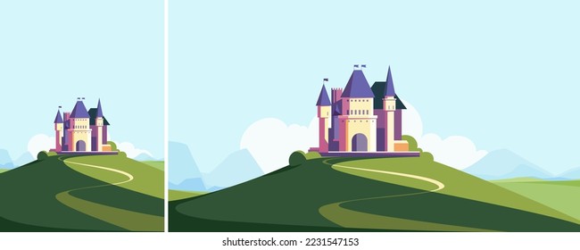 Castle on the hill in summer season. Landscape with medieval building in different formats.