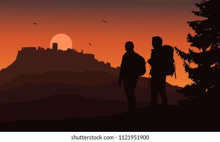 Castle on a hill with two tourists in the foreground, under a night orange sky and flying birds - vector, Spis Castle, Slovakia